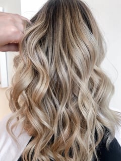 View Women's Hair, Hairstyles, Curly, Beachy Waves, Highlights, Foilayage, Blonde, Hair Color, Balayage - Heather Ciskowski, Chicago, IL