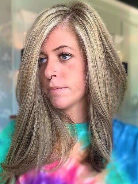 Image of  Women's Hair, Hair Color, Blowout, Balayage, Blonde, Color Correction, Foilayage, Full Color, Highlights, Natural, Hairstyles, Straight, Weave