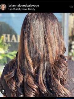 View Women's Hair, Foilayage, Hair Color, Brunette, Long, Hair Length, Layered, Haircuts, Hairstyles, Curly - Brianna Thompson , Fairfield, NJ