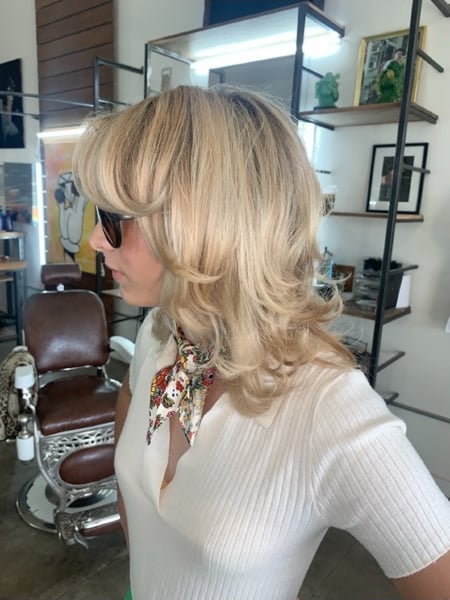 Image of  Layered, Haircuts, Women's Hair, Curly, Bangs, Curly, Hairstyles, Vintage, Foilayage, Hair Color, Highlights, Balayage, Blonde, Shoulder Length, Hair Length