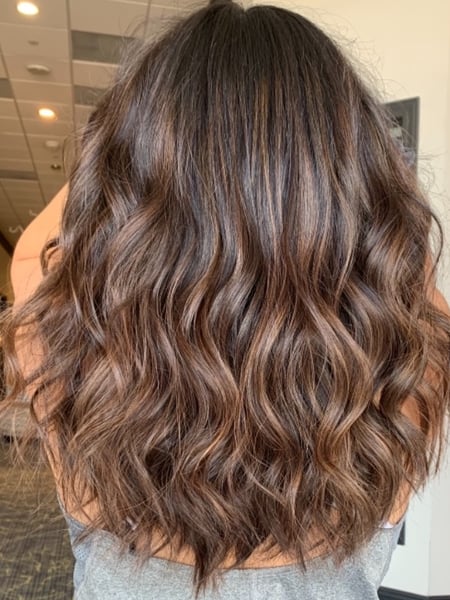 Image of  Women's Hair, Blowout, Hair Color, Balayage, Brunette, Foilayage, Medium Length, Hair Length, Layered, Haircuts, Beachy Waves, Hairstyles