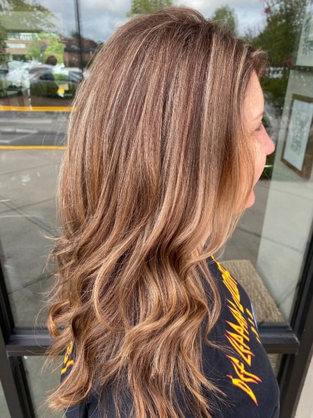 Image of  Layered, Haircuts, Women's Hair, Curly, Beachy Waves, Hairstyles, Curly, Hair Color, Balayage, Brunette, Foilayage, Highlights, Full Color, Long, Hair Length