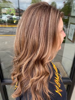 View Foilayage, Highlights, Full Color, Long, Hair Length, Layered, Haircuts, Women's Hair, Curly, Beachy Waves, Hairstyles, Curly, Hair Color, Balayage, Brunette - Jess Marsh, Knoxville, TN