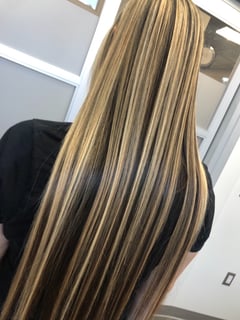 View Hair Color, Smoothing , Straight, Hairstyle, Layers, Haircut, Hair Length, Long Hair (Mid Back Length), Highlights, Foilayage, Color Correction, Brunette Hair, Blonde, Women's Hair, Blowout, Balayage - Oscar Agudelo, Ocala, FL