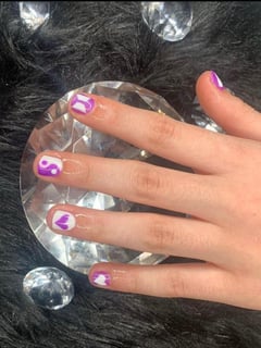 View Nail Art, Nail Style, Nails, Hand Painted, White, Nail Color, Purple, Gel, Nail Finish - Kemi Oduneye, Merrillville, IN