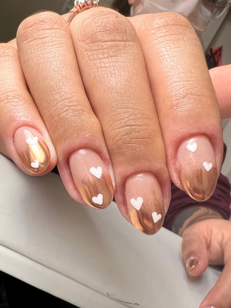 Image of  Medium, Nail Length, Nails, Short, Nail Art, Nail Style, Hand Painted, Mirrored, Ombré, Nail Color, Gold, White, Pastel, Pink, Clear, Manicure, Gel, Nail Finish, Round, Nail Shape, Almond