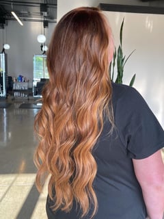 View Women's Hair, Red, Hair Color, Highlights, Foilayage, Beachy Waves, Hairstyles, Hair Extensions - Courtney Oswald, Trinity, FL