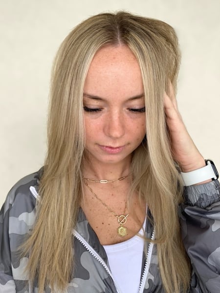 Image of  Women's Hair, Blonde, Hair Color, Foilayage, Blowout, Highlights, Medium Length, Hair Length, Long, Layered, Haircuts, Hair Extensions, Hairstyles, Straight