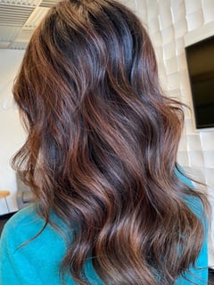 View Women's Hair, Hairstyle, Beachy Waves, Layers, Haircut, Curly, Hair Length, Long Hair (Mid Back Length), Foilayage, Brunette Hair, Blowout, Hair Color, Balayage - Christine Frank , Spring, TX