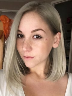 View Women's Hair, Blunt (Women's Haircut), Blowout, Straight, Hairstyle, Blonde, Silver, Hair Color, Full Color, Color Correction, Bob, Shoulder Length Hair, Hair Length, Haircut - Nelle Churchill, Penngrove, CA