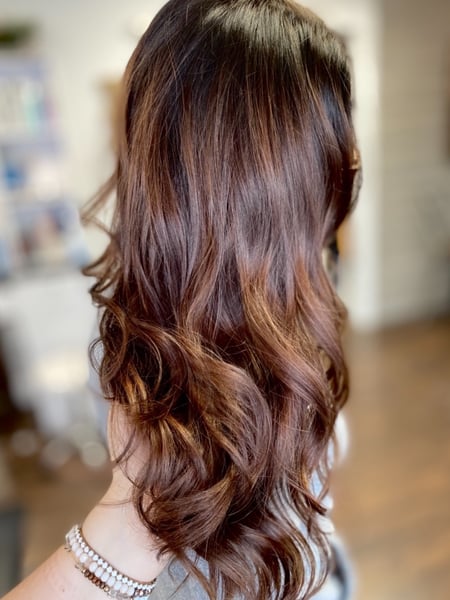 Image of  Women's Hair, Black, Hair Color, Brunette, Foilayage, Balayage, Long, Hair Length, Layered, Haircuts, Beachy Waves, Hairstyles, Curly