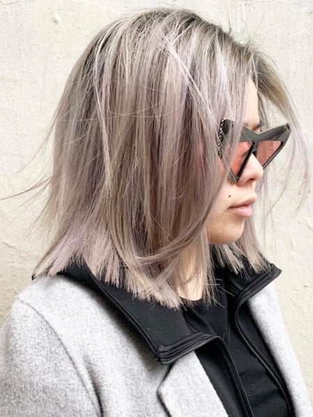 Image of  Women's Hair, Blowout, Hair Color, Balayage, Blonde, Brunette, Fashion Color, Silver, Shoulder Length, Hair Length, Blunt, Haircuts, Beachy Waves, Hairstyles, Straight