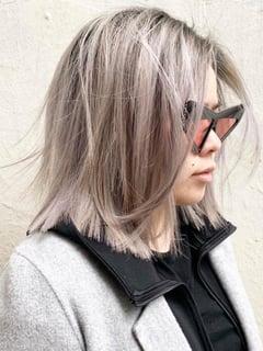 View Blowout, Straight, Hairstyle, Beachy Waves, Haircut, Blunt (Women's Haircut), Hair Length, Shoulder Length Hair, Women's Hair, Silver, Fashion Hair Color, Brunette Hair, Blonde, Balayage, Hair Color - CocoAlexander - Johnny Bueno, Los Angeles, CA