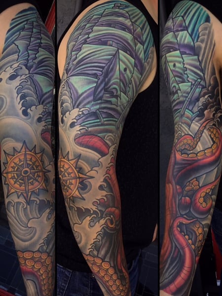 Image of  Tattoos, Tattoo Style, Tattoo Bodypart, Tattoo Colors, Japanese, Shoulder, Arm , Forearm , Wrist , Blue, Gold, Purple , Red