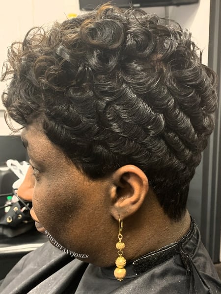 Image of  Curly, Haircuts, Women's Hair, Shaved, Curly, Hairstyles, Perm Relaxer, Perm, Short Ear Length, Hair Length, Pixie, Brunette, Hair Color, Full Color, Black, Hair Restoration