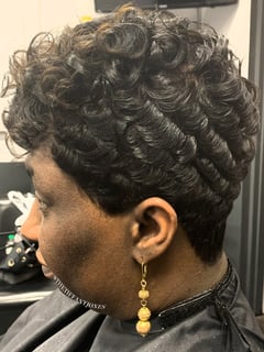 View Curly, Haircuts, Women's Hair, Shaved, Curly, Hairstyles, Perm Relaxer, Perm, Short Ear Length, Hair Length, Pixie, Brunette, Hair Color, Full Color, Black, Hair Restoration - Tiffany Jones, Charlotte, NC