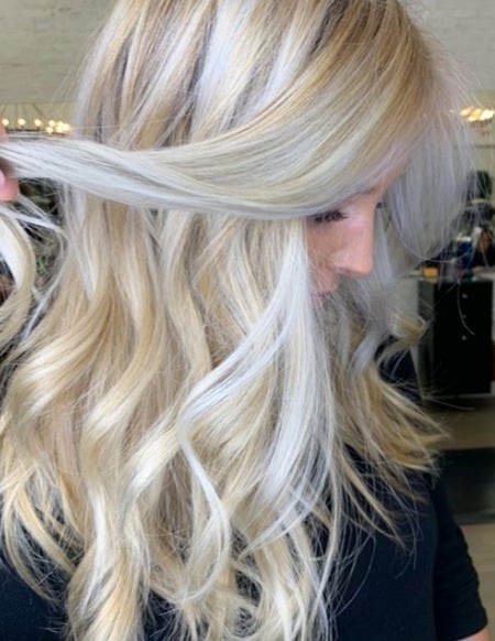 Image of  Women's Hair, Blonde, Hair Color, Balayage, Medium Length, Haircuts, Curly, Hairstyles