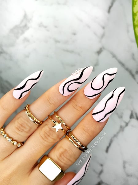 Image of  Medium, Nail Length, Nails, Long, XL, Nail Style, Nail Art, Airbrush, Hand Painted, Color Block, Accent Nail, Mix-and-Match, Nail Color, Beige, Pink, Black, Matte, Manicure, Nail Finish, Gel, Acrylic, Nail Shape, Arrowhead, Stiletto, Almond