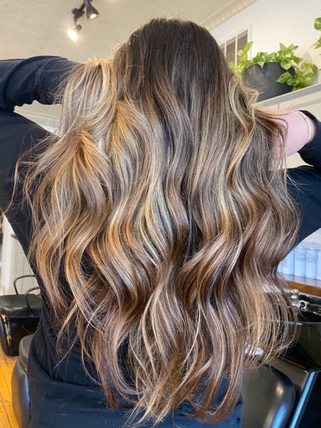 Image of  Women's Hair, Blowout, Hair Color, Balayage, Blonde, Color Correction, Foilayage, Full Color, Highlights, Ombré, Hair Length, Long, Haircuts, Layered, Hairstyles, Beachy Waves, Curly