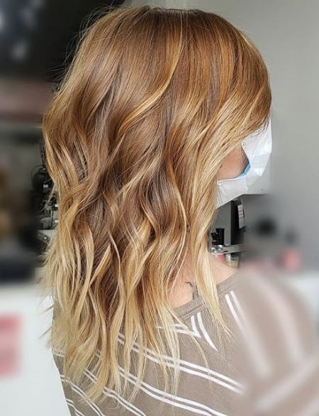Image of  Women's Hair, Blonde, Hair Color, Red, Balayage, Shoulder Length, Hair Length, Layered, Haircuts, Beachy Waves, Hairstyles