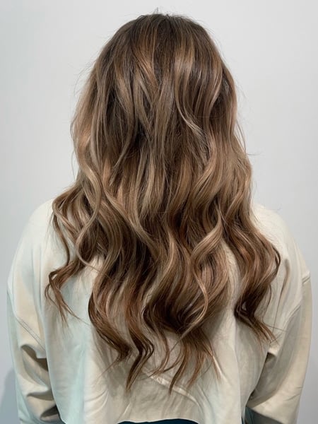 Image of  Women's Hair, Hair Color, Balayage, Blonde, Brunette Hair, Foilayage, Highlights, Long Hair (Mid Back Length), Hair Length, Layers, Haircut, Beachy Waves, Hairstyle, Curls, Hair Extensions