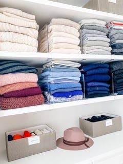 View Closet Organization, Folded Clothes, Hats, Professional Organizer, Home Organization, Bedroom, Master Closet - DwellWell , San Francisco, CA