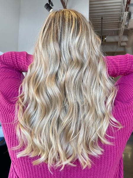 Image of  Layered, Haircuts, Women's Hair, Blowout, Beachy Waves, Hairstyles, Curly, Hair Color, Highlights, Blonde, Foilayage, Balayage, Long, Hair Length
