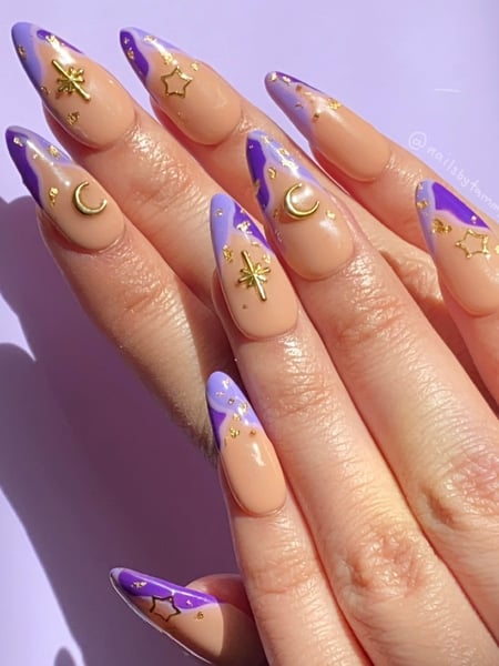 Image of  Medium, Nail Length, Nails, Short, Nail Art, Nail Style, Accent Nail, Mix-and-Match, 3D, Hand Painted, Color Block, Nail Jewels, French Manicure, Purple, Nail Color, Gold, Beige, Manicure, Gel, Nail Finish, Round, Nail Shape, Almond
