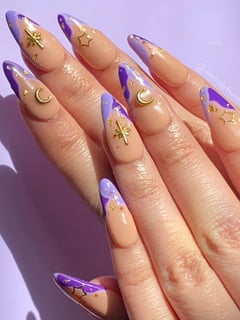 View Medium, Nail Length, Nails, Short, Nail Art, Nail Style, Accent Nail, Mix-and-Match, 3D, Hand Painted, Color Block, Nail Jewels, French Manicure, Purple, Nail Color, Gold, Beige, Manicure, Gel, Nail Finish, Round, Nail Shape, Almond - Tammy Nguyen, Anaheim, CA