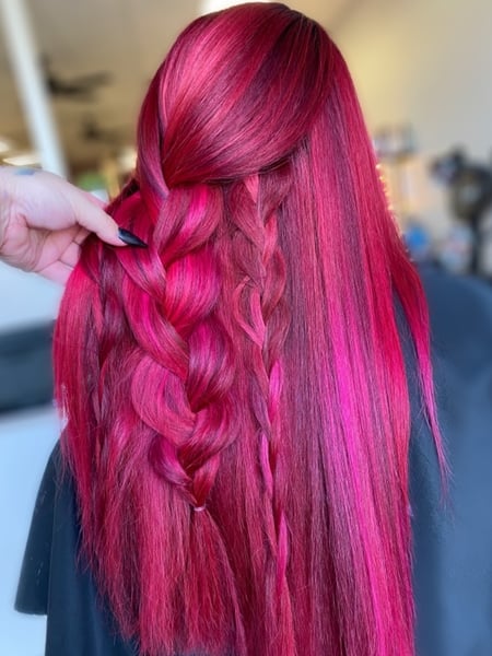 Image of  Women's Hair, Fashion Color, Hair Color, Highlights, Red, Long, Hair Length, Blunt, Haircuts, Boho Chic Braid, Hairstyles, Straight