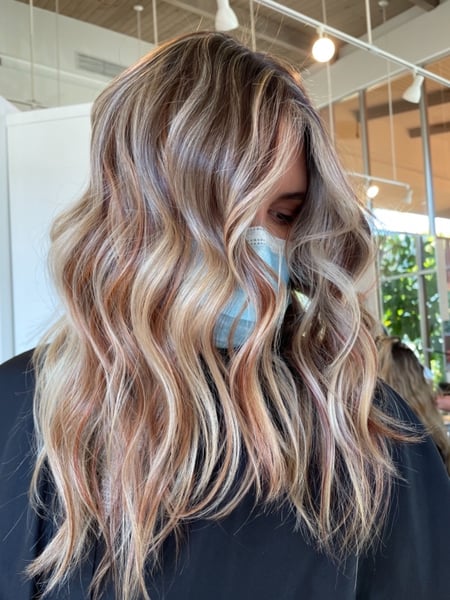 Image of  Women's Hair, Hair Color, Balayage, Blonde, Brunette, Fashion Color, Foilayage, Highlights, Red, Medium Length, Hair Length, Haircuts, Layered, Beachy Waves, Hairstyles