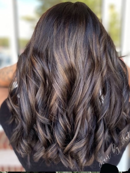 Image of  Women's Hair, Balayage, Hair Color, Brunette, Medium Length, Hair Length, Layered, Haircuts, Beachy Waves, Hairstyles
