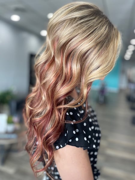 Image of  Women's Hair, Balayage, Hair Color, Blonde, Red, Highlights, Fashion Color, Long, Hair Length, Layered, Haircuts, Beachy Waves, Hairstyles