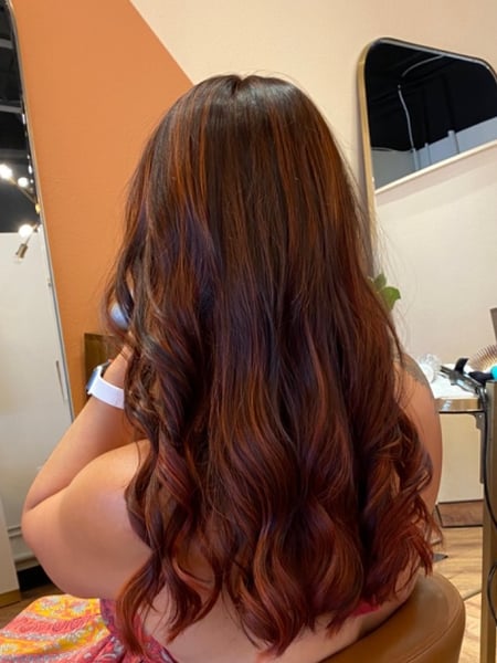 Image of  Women's Hair, Hair Color, Blowout, Red, Highlights, Full Color, Medium Length, Hair Length, Layered, Haircuts, Beachy Waves, Hairstyles