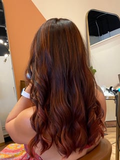 View Women's Hair, Hair Color, Blowout, Red, Highlights, Full Color, Medium Length, Hair Length, Layered, Haircuts, Beachy Waves, Hairstyles - Nicolette Gilman, San Diego, CA