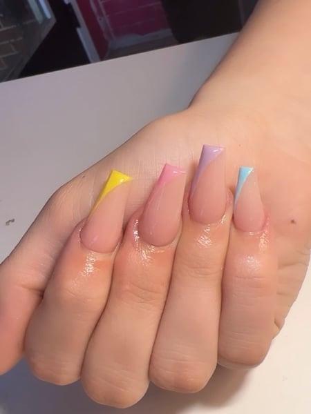 Image of  Nail Length, Nails, Manicure, Medium, Short, Long, Nail Style, Nail Art, Hand Painted, Color Block, Yellow, Nail Color, Pastel