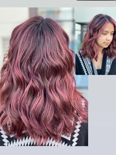 View Hair Restoration, Women's Hair, Blowout, Hair Color, Balayage, Fashion Color, Foilayage, Full Color, Highlights, Ombré, Hair Length, Shoulder Length, Beachy Waves, Hairstyles - Mimi Ruiz, Fremont, CA