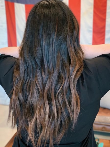Image of  Women's Hair, Blowout, Hair Color, Balayage, Black, Brunette Hair, Color Correction, Foilayage, Highlights, Ombré, Long Hair (Mid Back Length), Hair Length, Layers, Haircut, Beachy Waves, Hairstyle