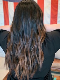 View Women's Hair, Hairstyle, Beachy Waves, Haircut, Layers, Hair Length, Long Hair (Mid Back Length), Ombré, Highlights, Foilayage, Color Correction, Brunette Hair, Black, Balayage, Hair Color, Blowout - Sam Donato, Spring, TX