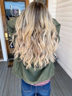 View Hair Color, Hairstyle, Women's Hair, Beachy Waves, Hair Length, Long Hair (Mid Back Length), Highlights, Foilayage, Blonde, Balayage - Kayley Bell, Griffin, GA