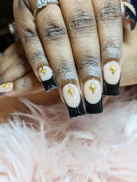 Image of  Nails, Acrylic, Nail Finish, Medium, Nail Length, Black, Nail Color, Beige, Gold, French Manicure, Nail Style, Hand Painted, Nail Art, Square, Nail Shape