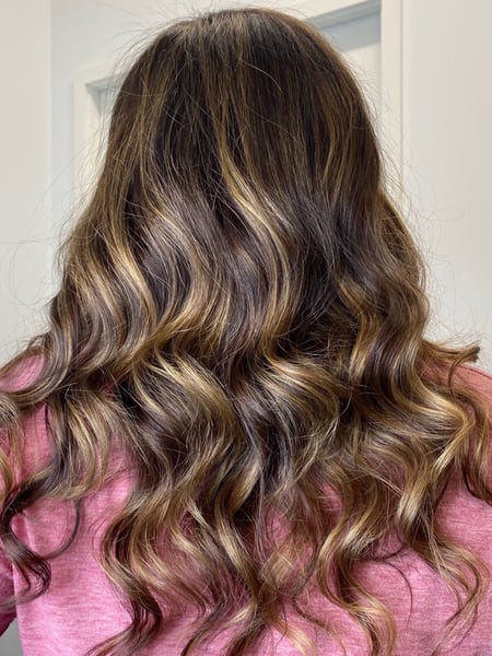 Image of  Women's Hair, Blowout, Hair Color, Balayage, Brunette, Foilayage, Highlights, Hair Length, Medium Length, Haircuts, Layered, Hairstyles, Beachy Waves, Curly