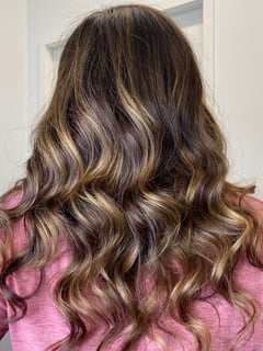 View Brunette Hair, Curls, Beachy Waves, Hairstyle, Layers, Haircut, Long Hair (Upper Back Length), Hair Length, Highlights, Foilayage, Balayage, Hair Color, Blowout, Women's Hair - Julia Sanders, Plymouth Meeting, PA
