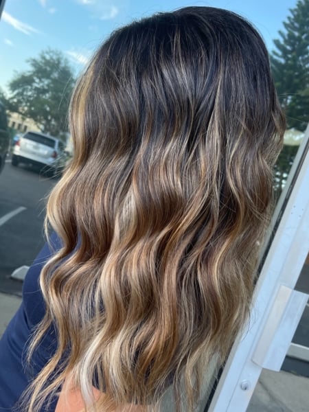 Image of  Women's Hair, Blowout, Hair Color, Balayage, Brunette, Foilayage, Full Color, Highlights, Hair Length, Long, Haircuts, Blunt, Layered, Hairstyles, Beachy Waves, Curly