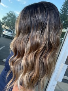 View Long Hair (Mid Back Length), Curls, Beachy Waves, Hairstyle, Layers, Blunt (Women's Haircut), Haircut, Hair Length, Highlights, Full Color, Foilayage, Brunette Hair, Balayage, Hair Color, Blowout, Women's Hair - Ashley Blevins, Oviedo, FL