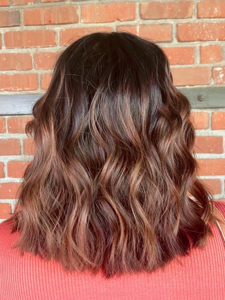 Image of  Women's Hair, Blowout, Hair Color, Balayage, Full Color, Highlights, Foilayage, Hair Length, Shoulder Length, Haircuts, Blunt, Hairstyles, Beachy Waves, Natural
