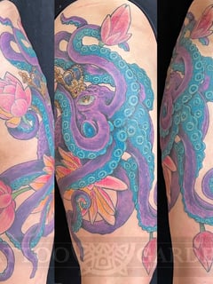 View Tattoos, Purple , Pink , Gold, Blue, Thigh, Hip, Pet & Animal, Neo Traditional, Tattoo Colors, Tattoo Bodypart, Tattoo Style - Michael Gardner, Everett, WA