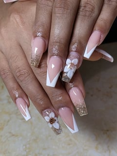 View Nail Style, Nail Art, Coffin, 3D, Acrylic, Nails, Nail Finish, Gel, Long, Nail Length, Glitter, Nail Color, Nail Shape, White, Pink, French Manicure - Ivet Campos , West Palm Beach, FL