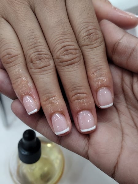 Image of  Nails, Manicure, Gel, Nail Finish, Short, Nail Length, Beige, Nail Color, White, French Manicure, Nail Style, Hand Painted, Nail Art, Squoval, Nail Shape, Paraffin Treatment, Treatment