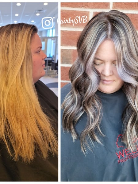 Image of  Layered, Haircuts, Women's Hair, Blowout, Permanent Hair Straightening, Keratin, Beachy Waves, Hairstyles, Curly, Silk Press, Dominican Blowout, Bridal, Hair Color, Brunette, Highlights, Foilayage, Full Color, Color Correction, Blonde, Balayage, Long, Hair Length